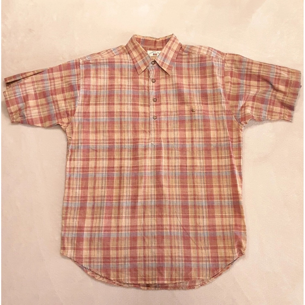 County Seat Mens Vintage Popover Collar Shirt Med. Beige Pink Plaid S SS Cotton